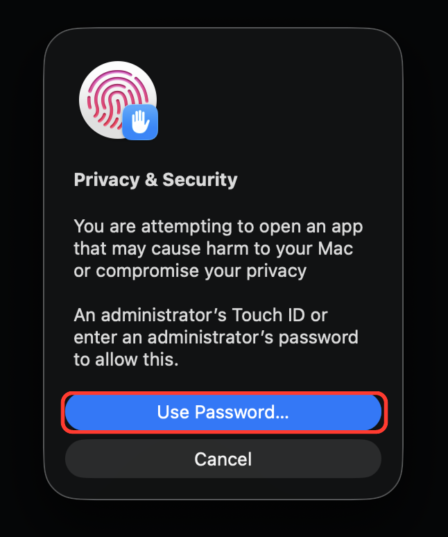แตะนิ้วบนปุ่ม Touch ID หรือกด Use Password… แล้วพิมพ์รหัสเครื่อง